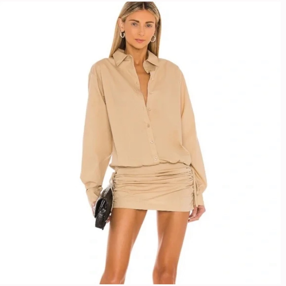 NWOT L’Academie Revolve Anthropologie Keem Tan Side Tie Button Up Dress